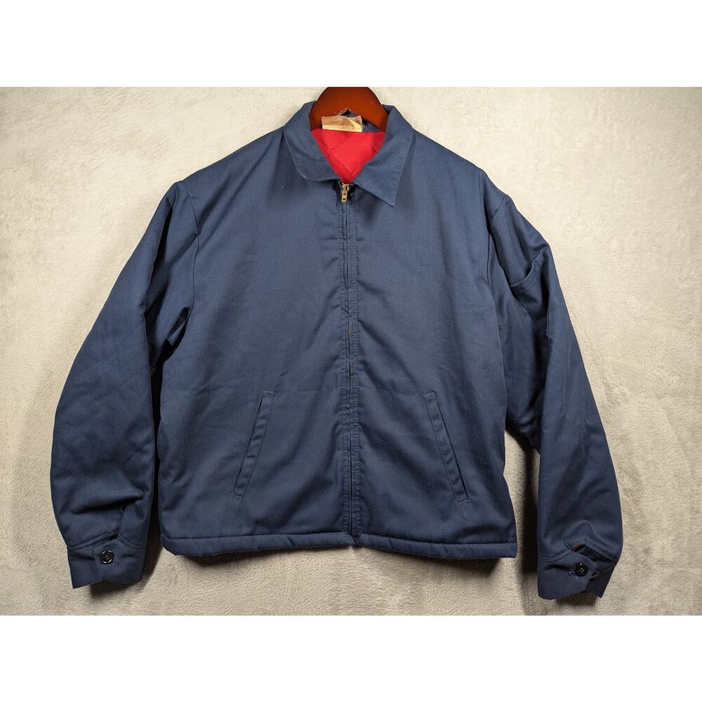 Vintage Work Jacket Mens Size Large Navy Blue Insulated Red Mechanic /4100 **